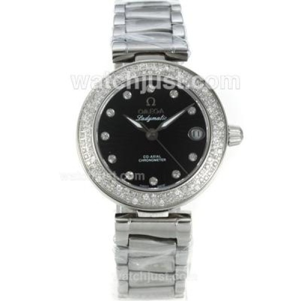 Quality UK Sale Omega Ladymatic Quartz Replica Watch With Black Dial For Women