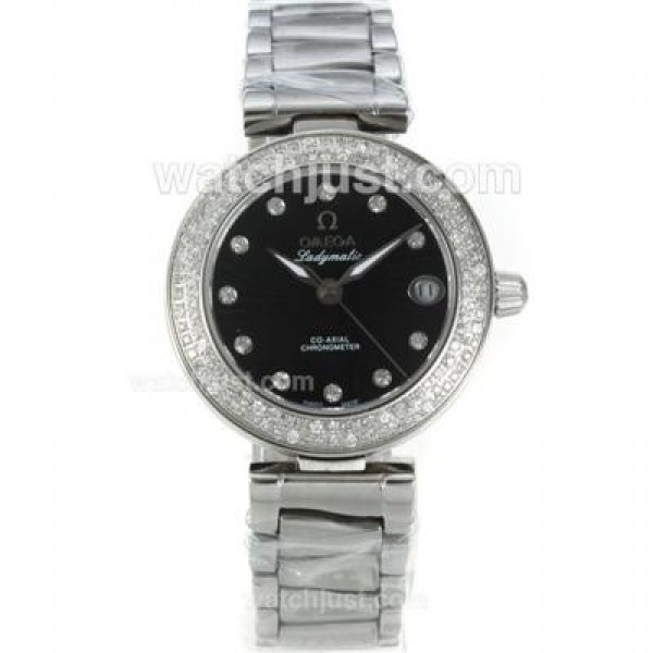 Quality UK Sale Omega Ladymatic Quartz Replica Watch With Black Dial For Women