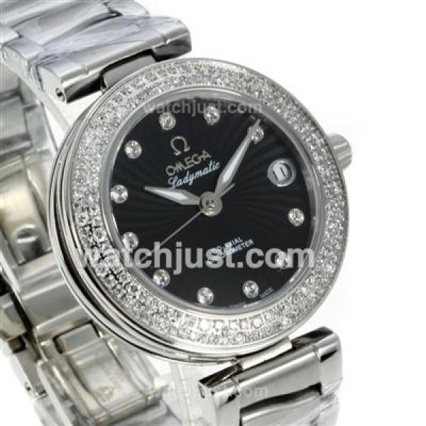 Quality UK Sale Omega Ladymatic Quartz Replica Watch With Black Dial For Women