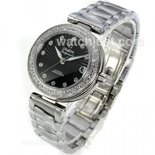 Quality UK Sale Omega Ladymatic Quartz Replica Watch With Black Dial For Women