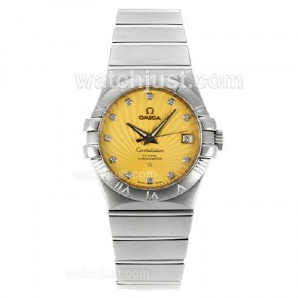 Best UK Omega Constellation Automatic Fake Watch With Yellow Dial For Women