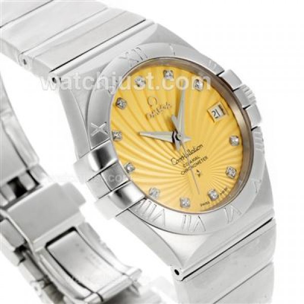 Best UK Omega Constellation Automatic Fake Watch With Yellow Dial For Women