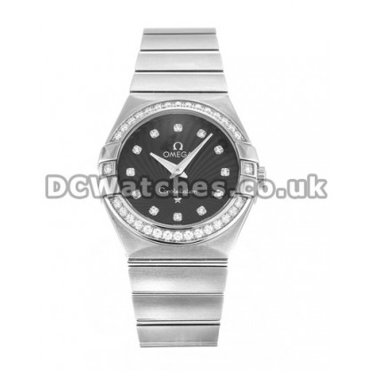 High Quality UK Omega Constellation Small Quartz Replica Watch With Black Diamonds Dial For Women