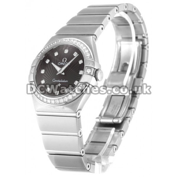 High Quality UK Omega Constellation Small Quartz Replica Watch With Black Diamonds Dial For Women