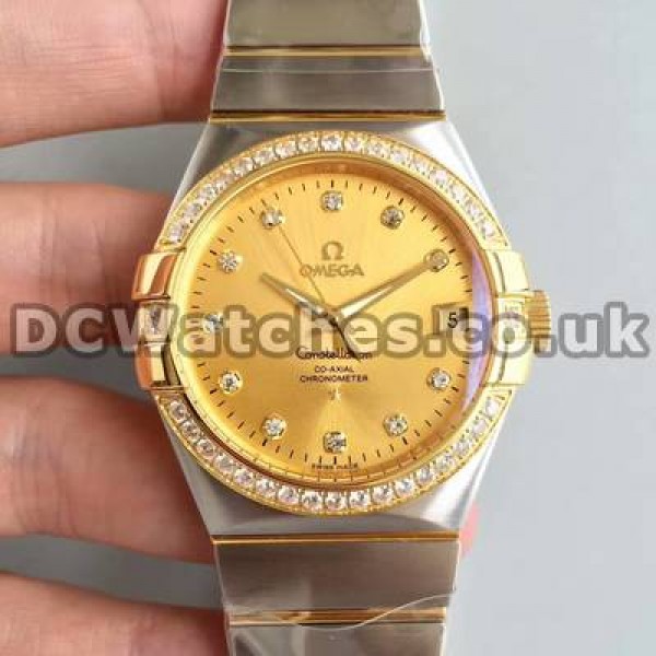 Best UK Omega Constellation Automatic Fake Watch With Champagne Dial For Women