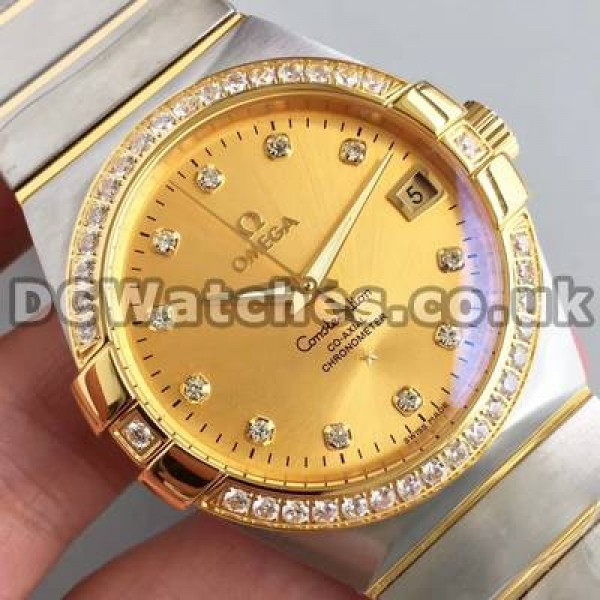 Best UK Omega Constellation Automatic Fake Watch With Champagne Dial For Women